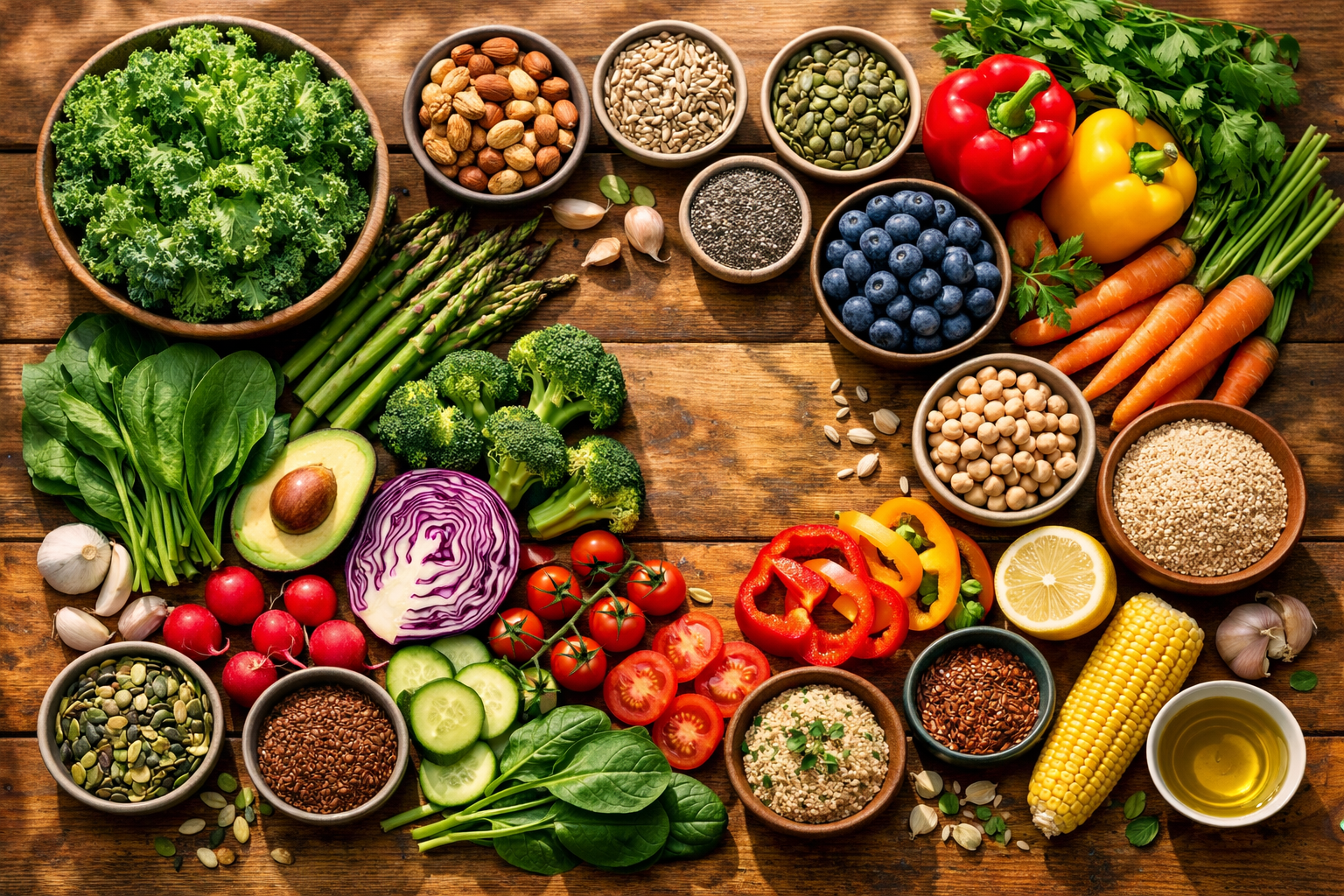 overhead view of fresh leafy greens, colorful vegetables, nuts and seeds arranged on a wooden kitchen table with natural morning light, healthy eating concept, vibrant colors