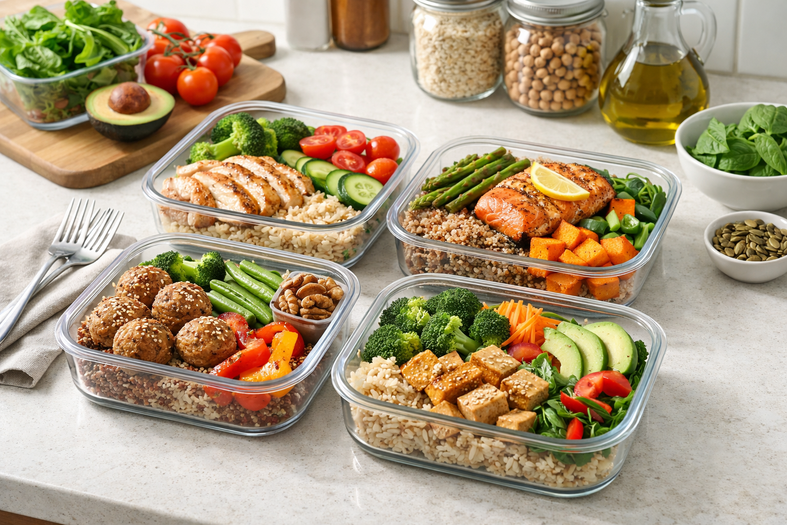 healthy meal prep containers with balanced portions of whole grains, lean proteins, fresh vegetables and nuts on a clean kitchen counter, natural daylight, organized healthy eating lifestyle